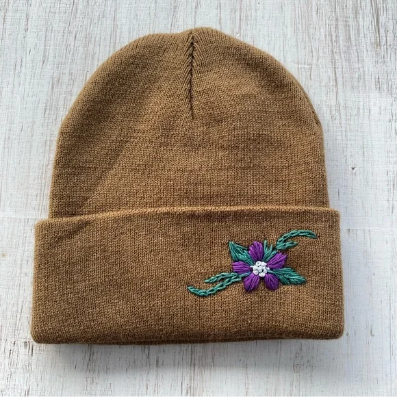Hand Crafted Accessories Embroidered Beanie Hat Winter Floral